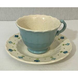 Vintage Metlox by Vernon Ware Poppytrail True Blue Teacup and Saucer Set Speckle